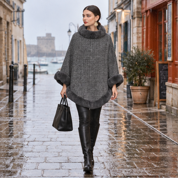 Poncho à Carreaux – Gris / Adulte, en situation sur la côte Atlantique