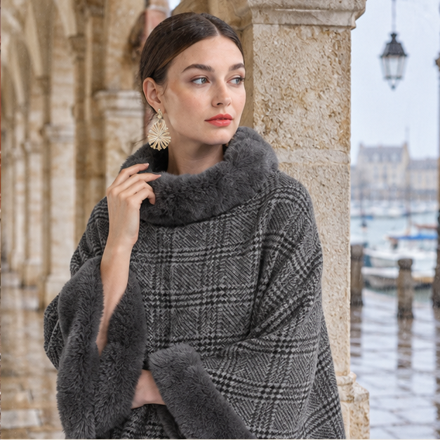 Poncho à Carreaux – Gris / Adulte, dans un intérieur côtier lumineux