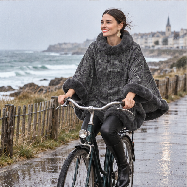Poncho à Carreaux – Gris / Adulte, porté en mouvement au bord de l’océan