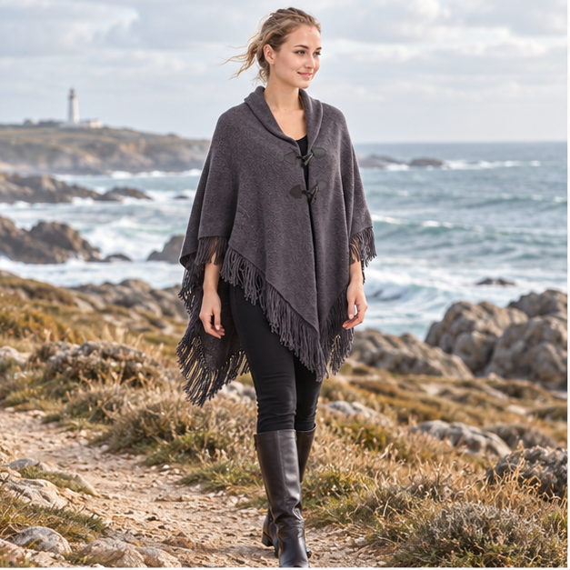 Poncho à Franges – Gris Foncé / Adulte, en situation sur la côte Atlantique
