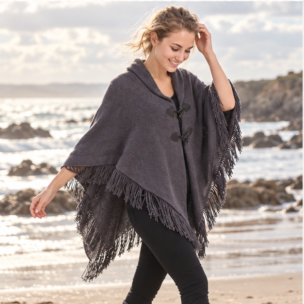 Poncho à Franges – Gris Foncé / Adulte, porté en mouvement au bord de l’océan