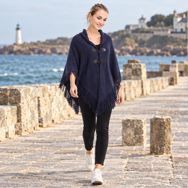 Poncho à Franges – Bleu Marine / Adulte, en situation sur la côte Atlantique