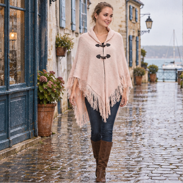 Poncho à Franges – Rose / Adulte, en situation sur la côte Atlantique