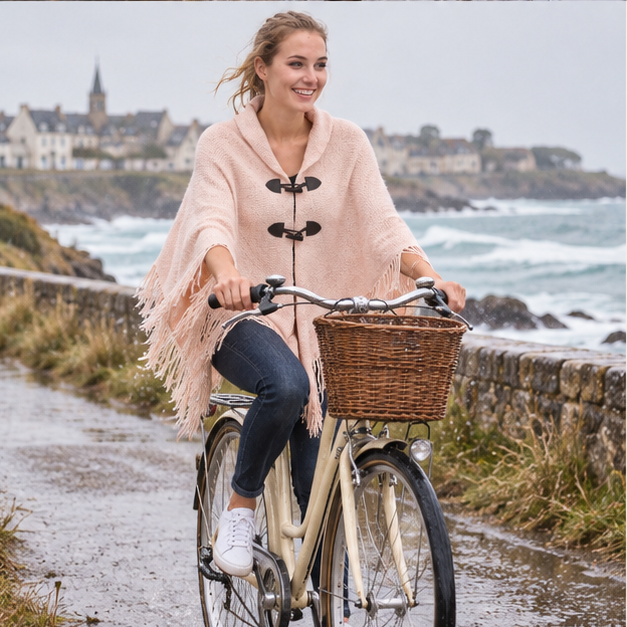 Poncho à Franges – Rose / Adulte, porté en mouvement au bord de l’océan