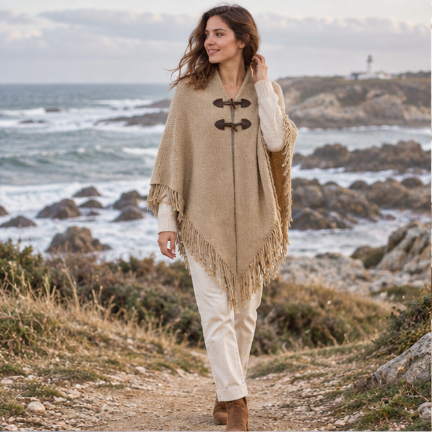 Poncho à Franges – Marron / Adulte, en situation sur la côte Atlantique