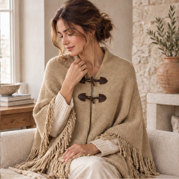 Poncho à Franges – Marron / Adulte, dans un intérieur côtier lumineux