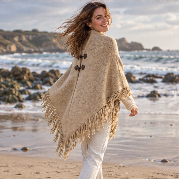 Poncho à Franges – Marron / Adulte, porté en mouvement au bord de l’océan