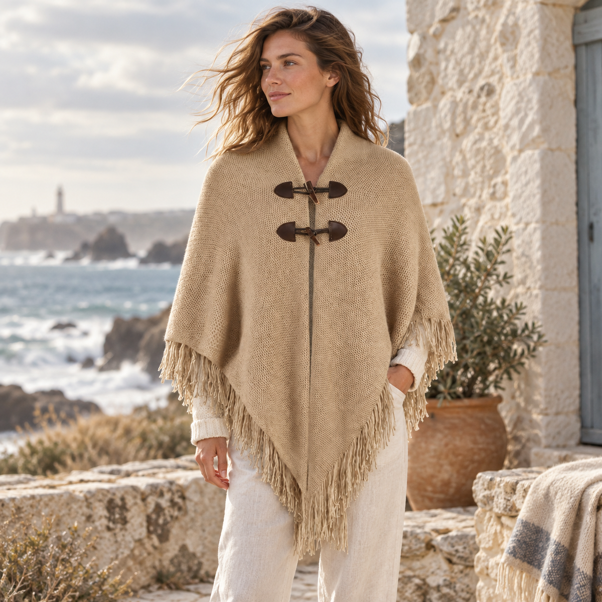 Poncho à Franges – Marron / Adulte, visuel principal lifestyle