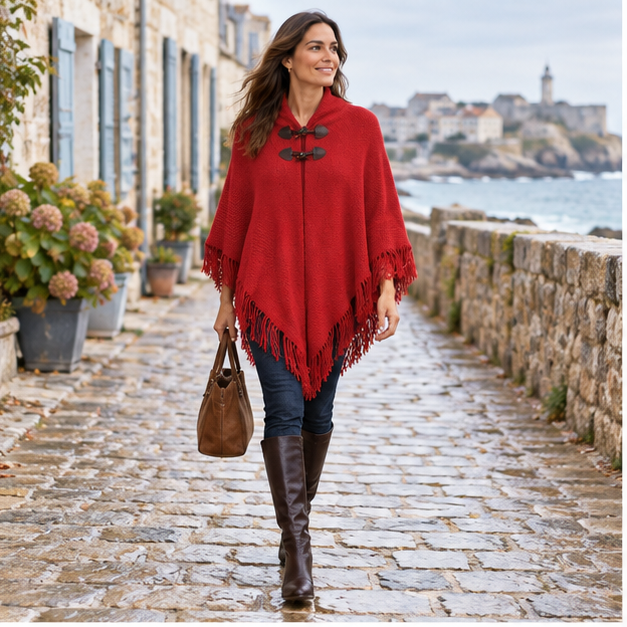 Poncho à Franges – Rouge / Adulte, en situation sur la côte Atlantique