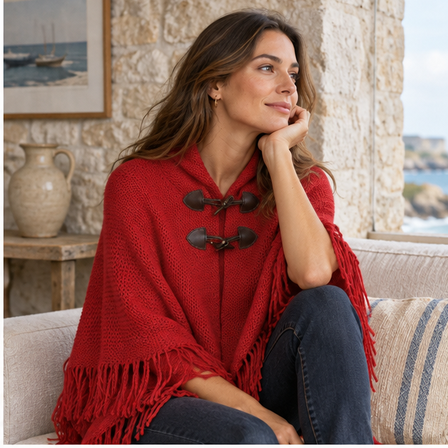 Poncho à Franges – Rouge / Adulte, dans un intérieur côtier lumineux