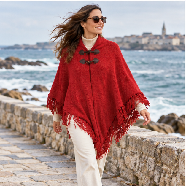Poncho à Franges – Rouge / Adulte, porté en mouvement au bord de l’océan