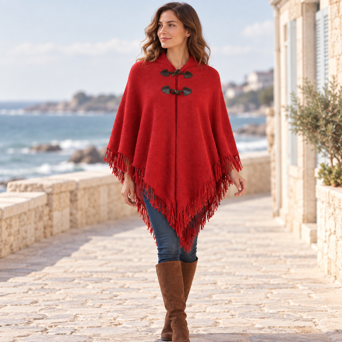 Poncho à Franges – Rouge / Adulte, visuel principal lifestyle