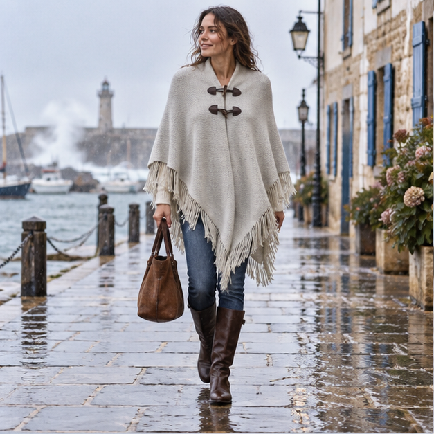 Poncho à Franges – Gris / Adulte, en situation sur la côte Atlantique