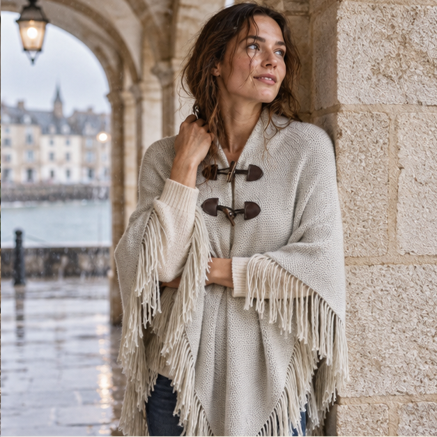 Poncho à Franges – Gris / Adulte, dans un intérieur côtier lumineux
