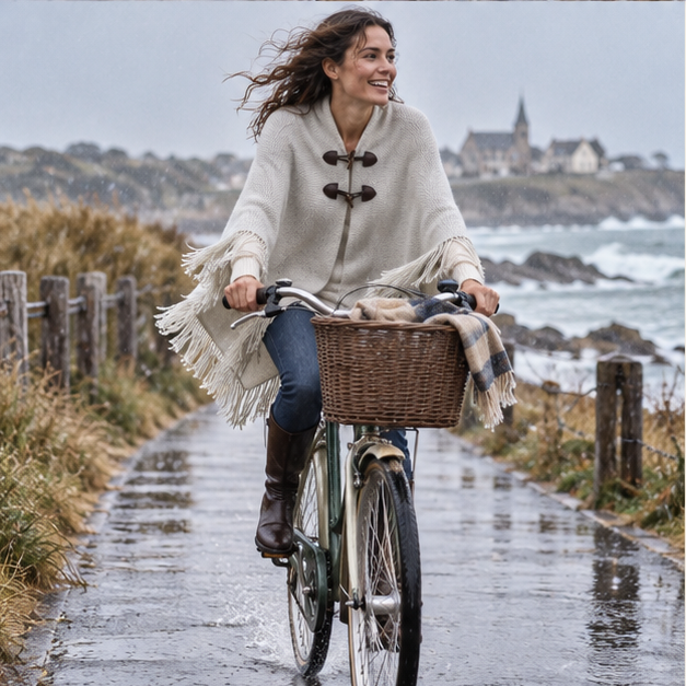 Poncho à Franges – Gris / Adulte, porté en mouvement au bord de l’océan