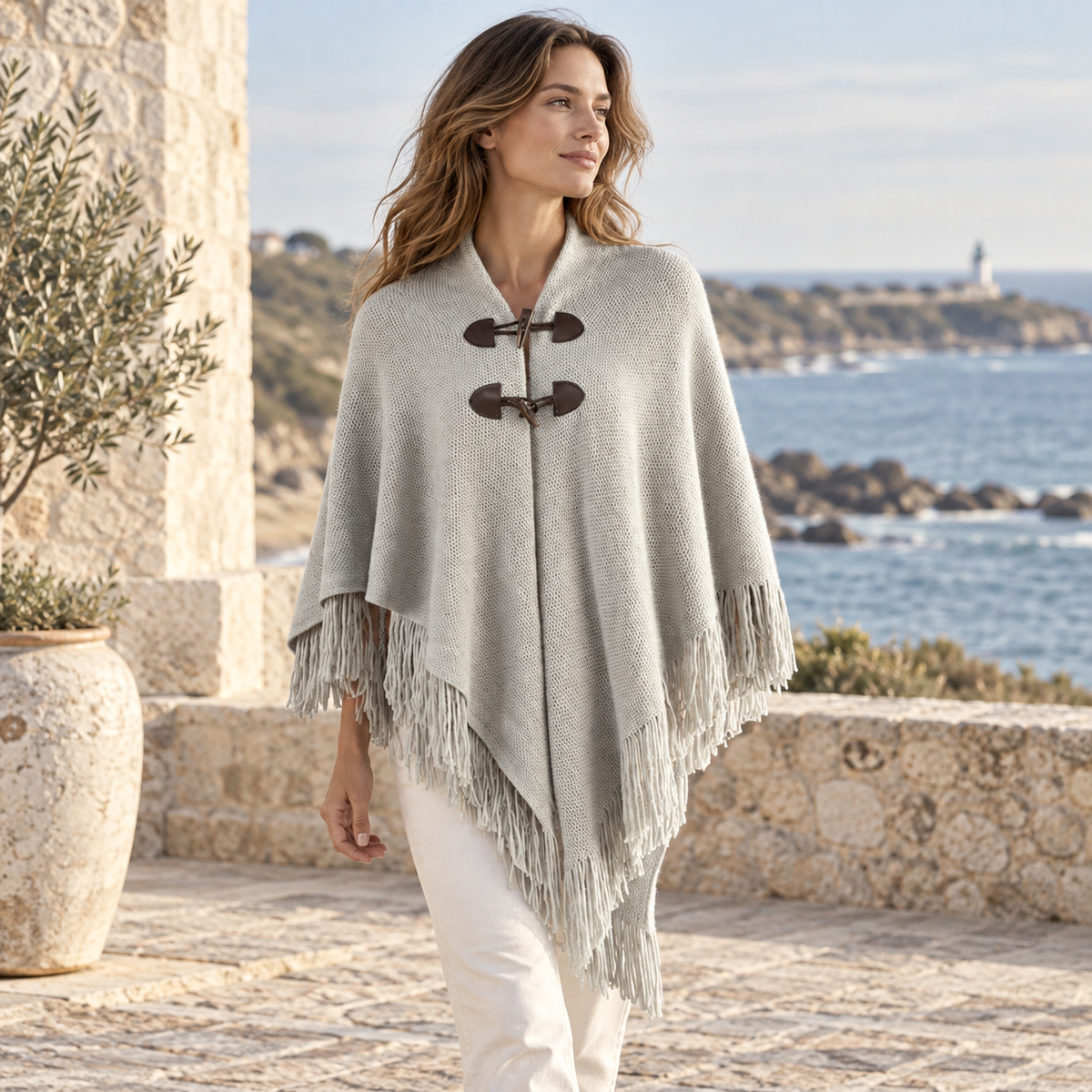 Poncho à Franges – Gris / Adulte, visuel principal lifestyle