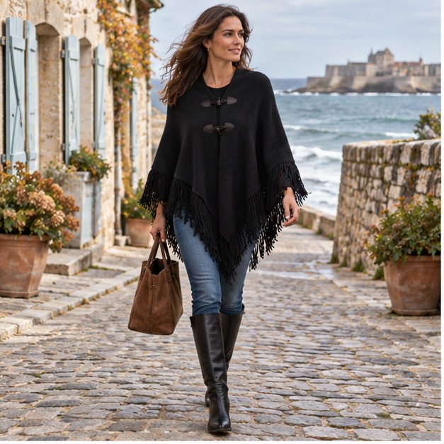 Poncho à Franges – Noir / Adulte, en situation sur la côte Atlantique