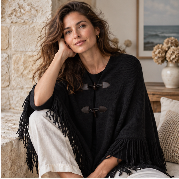 Poncho à Franges – Noir / Adulte, dans un intérieur côtier lumineux