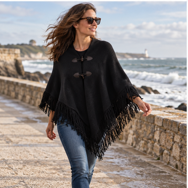 Poncho à Franges – Noir / Adulte, porté en mouvement au bord de l’océan
