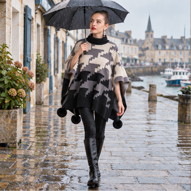 Poncho à Pompon – Gris / Adulte, en situation sur la côte Atlantique