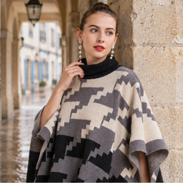 Poncho à Pompon – Gris / Adulte, dans un intérieur côtier lumineux