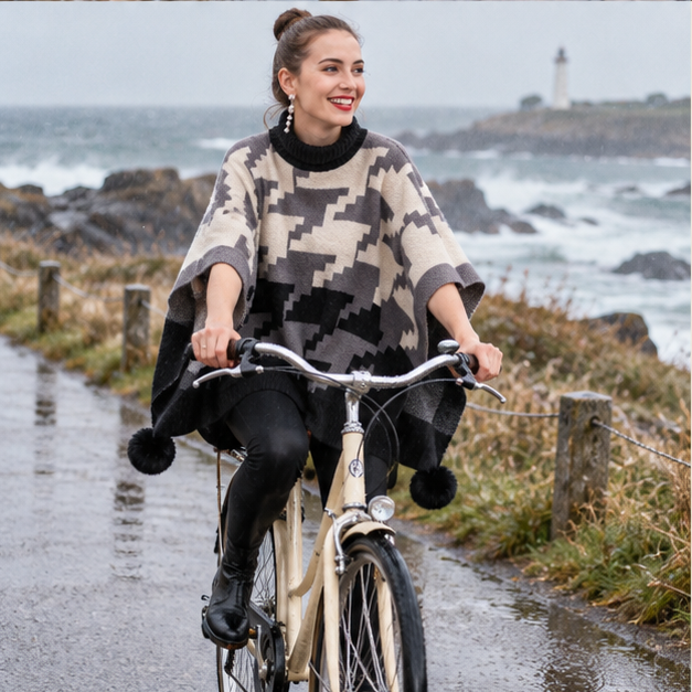 Poncho à Pompon – Gris / Adulte, porté en mouvement au bord de l’océan