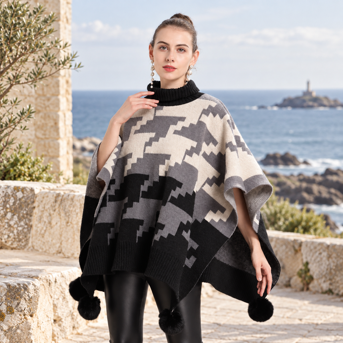 Poncho à Pompon – Gris / Adulte, visuel principal lifestyle