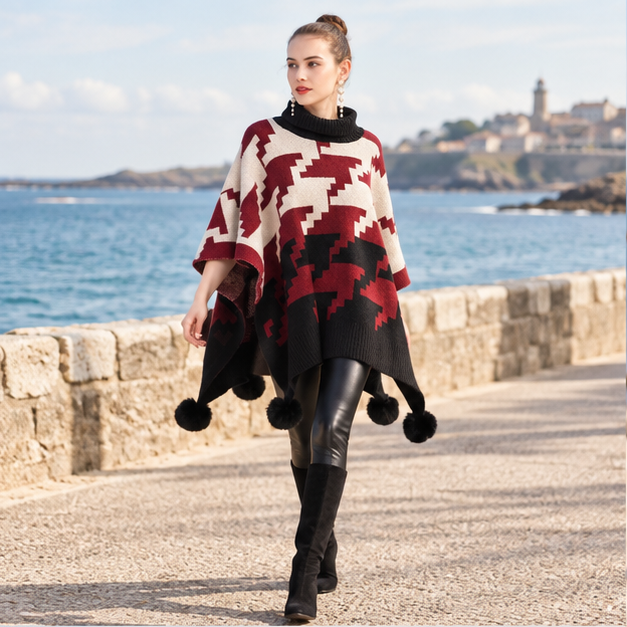 Poncho à Pompon – Rouge / Adulte, en situation sur la côte Atlantique