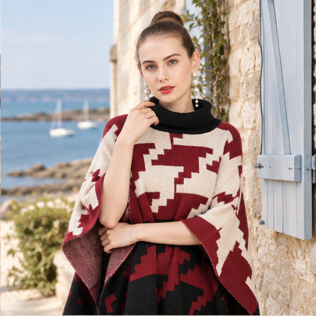 Poncho à Pompon – Rouge / Adulte, dans un intérieur côtier lumineux