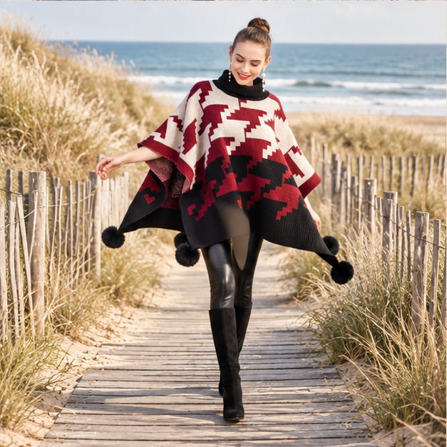 Poncho à Pompon – Rouge / Adulte, porté en mouvement au bord de l’océan