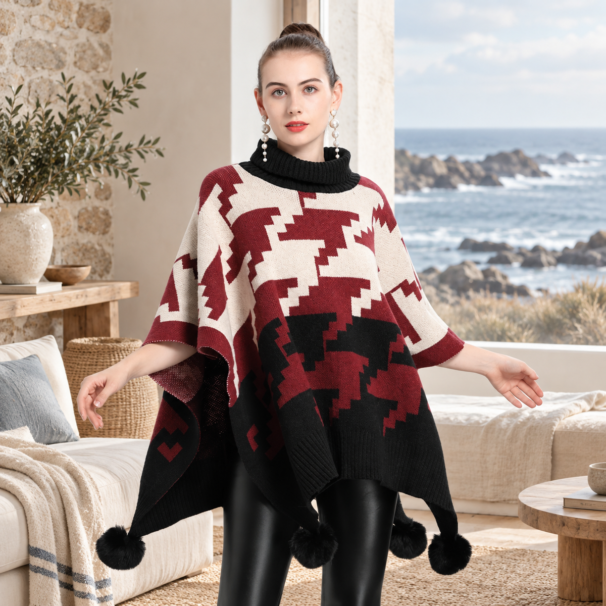 Poncho à Pompon – Rouge / Adulte, visuel principal lifestyle