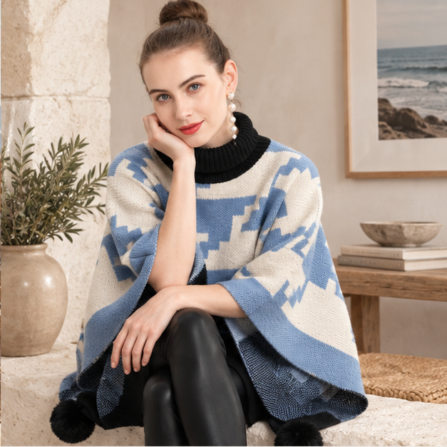 Poncho à Pompon – Bleu / Adulte, dans un intérieur côtier lumineux