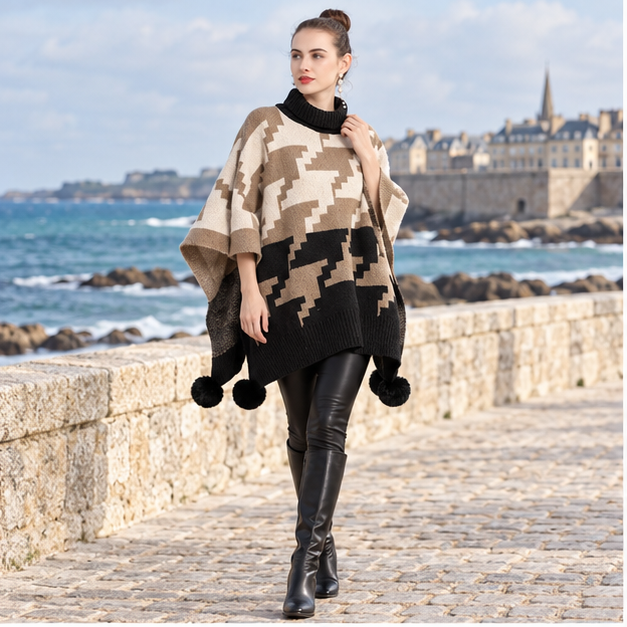 Poncho à Pompon – Camel / Adulte, en situation sur la côte Atlantique