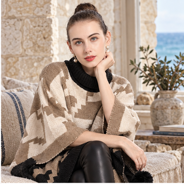 Poncho à Pompon – Camel / Adulte, dans un intérieur côtier lumineux