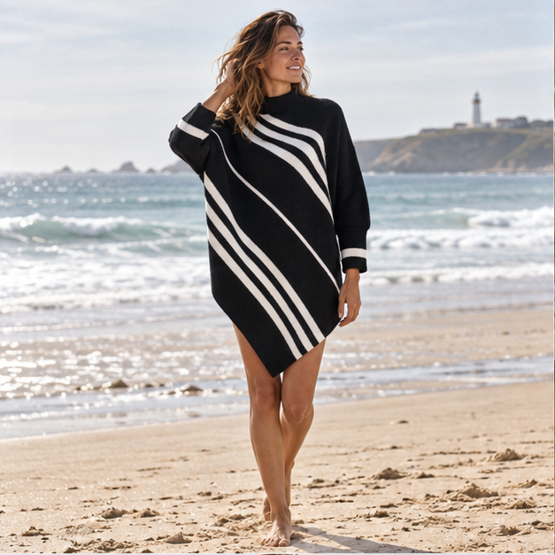 Poncho à Rayures – Noir / S, Noir / M, Noir / L, Noir / XL, en situation sur la côte Atlantique