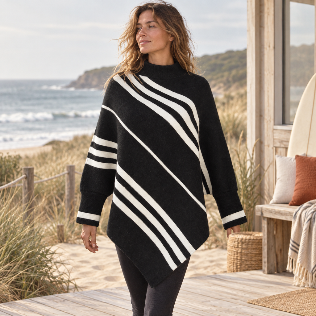 Poncho à Rayures – Noir / S, Noir / M, Noir / L, Noir / XL, visuel principal lifestyle