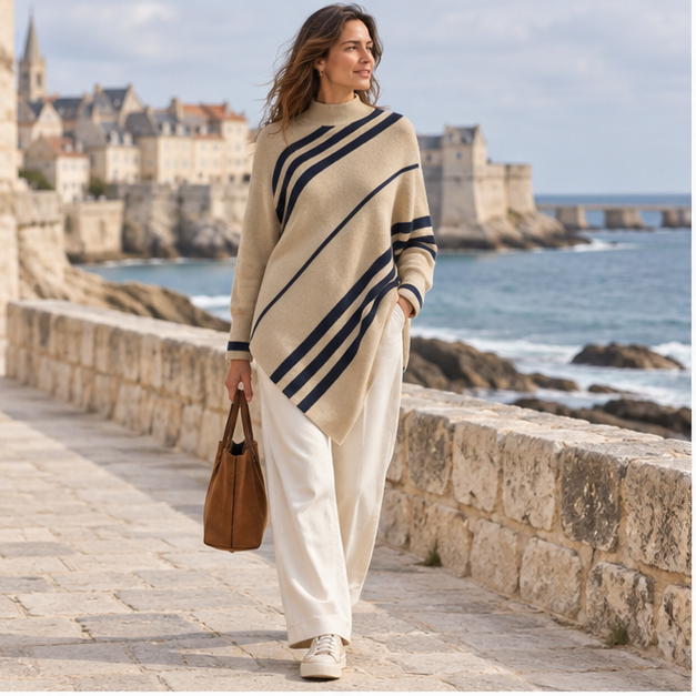 Poncho à Rayures – Beige / S, Beige / M, Beige / L, Beige / XL, en situation sur la côte Atlantique