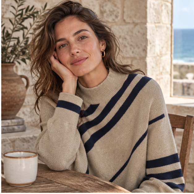 Poncho à Rayures – Beige / S, Beige / M, Beige / L, Beige / XL, dans un intérieur côtier lumineux