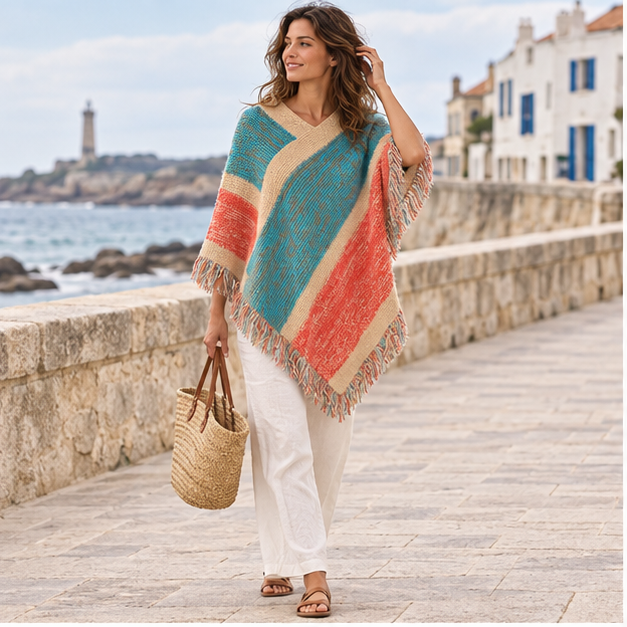 Poncho Bleu à Franges – Bleu / Unique, en situation sur la côte Atlantique