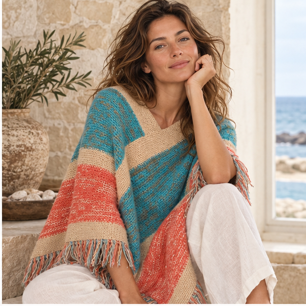 Poncho Bleu à Franges – Bleu / Unique, dans un intérieur côtier lumineux