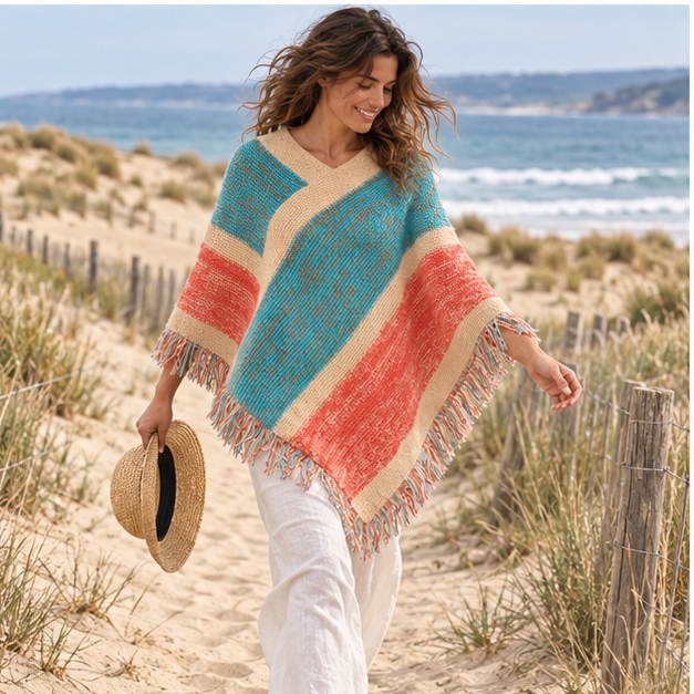 Poncho Bleu à Franges – Bleu / Unique, porté en mouvement au bord de l’océan