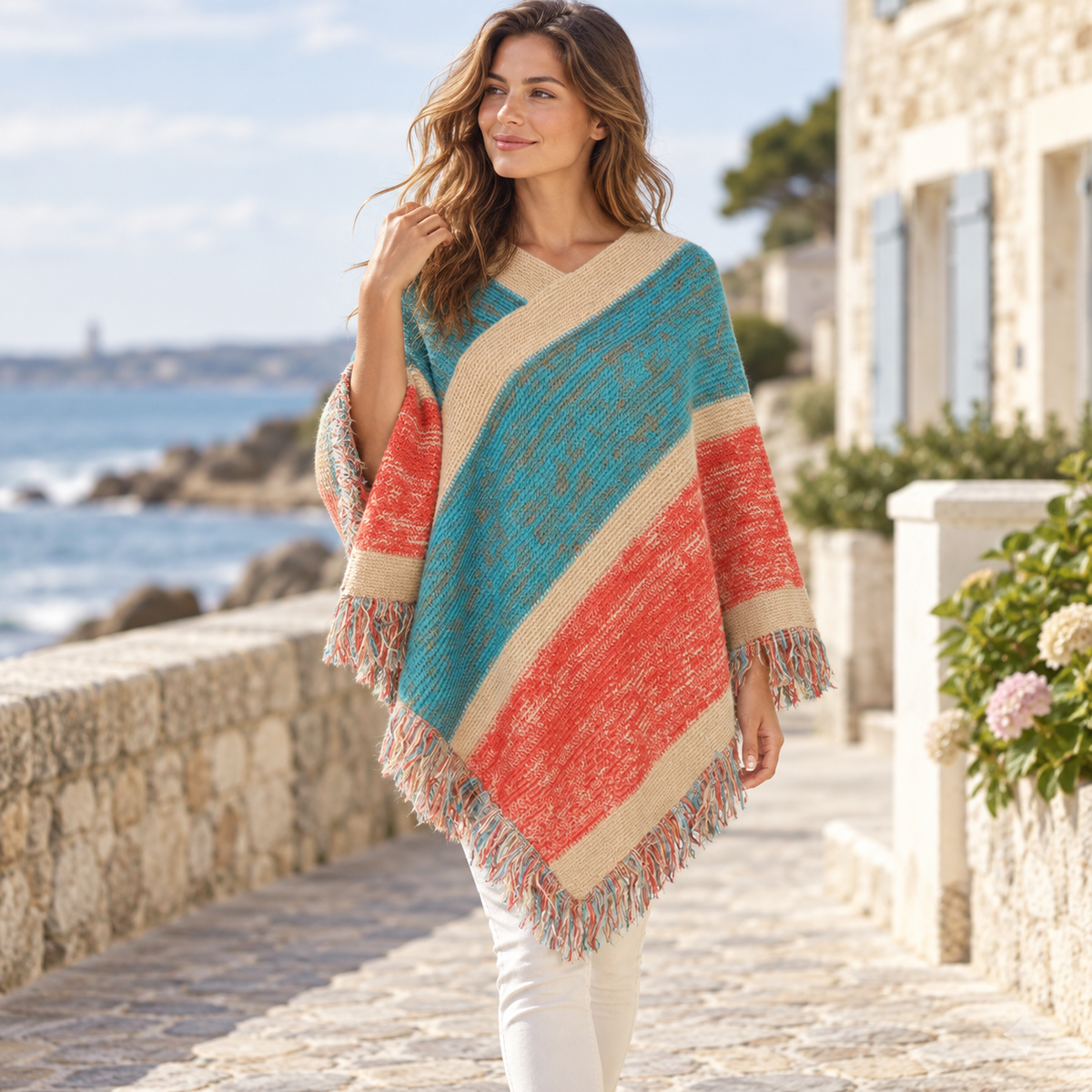 Poncho Bleu à Franges – Bleu / Unique, visuel principal lifestyle