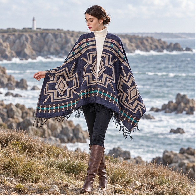 Poncho Bleu Marine Motifs Croix Mexicaine – Bleu Marine / Adulte, en situation sur la côte Atlantique
