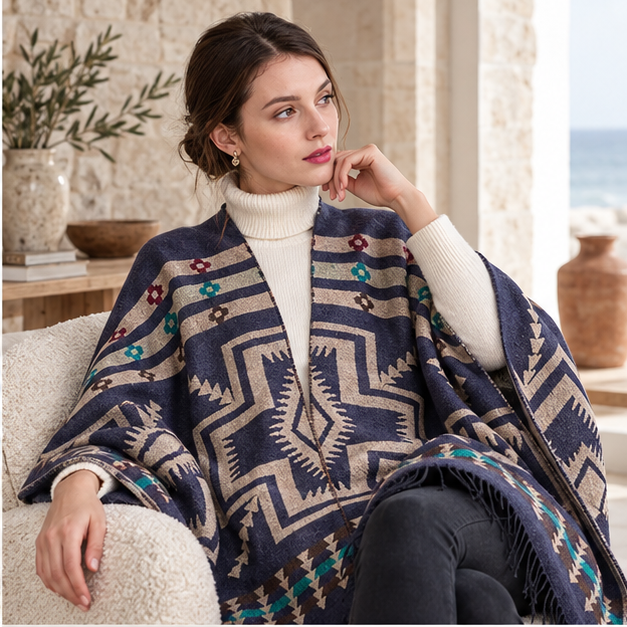 Poncho Bleu Marine Motifs Croix Mexicaine – Bleu Marine / Adulte, dans un intérieur côtier lumineux