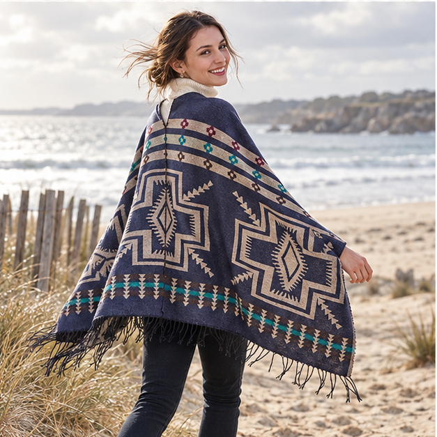 Poncho Bleu Marine Motifs Croix Mexicaine – Bleu Marine / Adulte, porté en mouvement au bord de l’océan