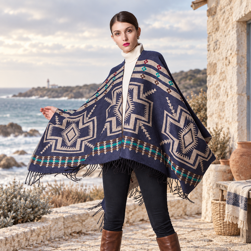 Poncho Bleu Marine Motifs Croix Mexicaine – Bleu Marine / Adulte, visuel principal lifestyle