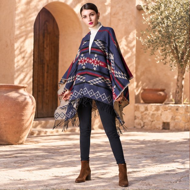 Poncho Bleu Marine Motifs Mexicains – Bleu Marine / Adulte, en situation sur la côte Atlantique