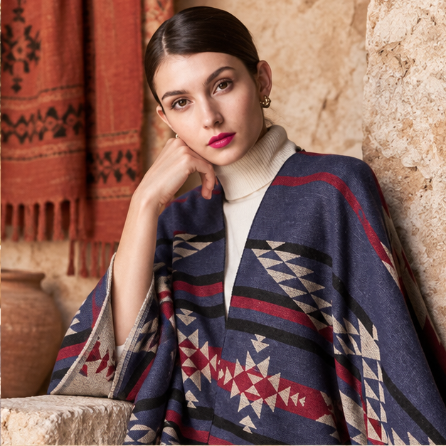 Poncho Bleu Marine Motifs Mexicains – Bleu Marine / Adulte, dans un intérieur côtier lumineux