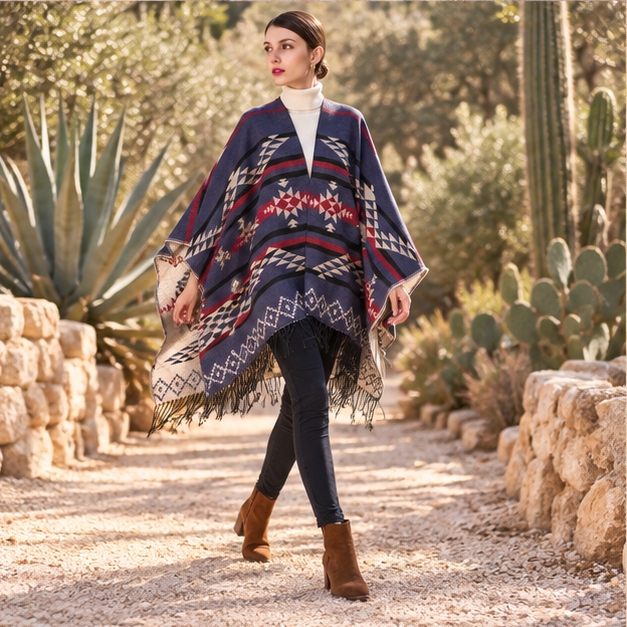 Poncho Bleu Marine Motifs Mexicains – Bleu Marine / Adulte, porté en mouvement au bord de l’océan