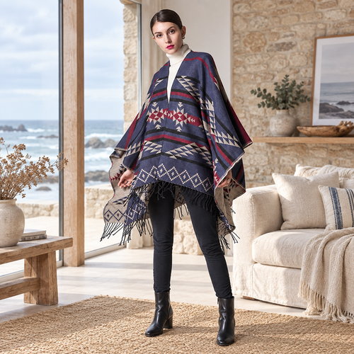 Poncho Bleu Marine Motifs Mexicains – Bleu Marine / Adulte, visuel principal lifestyle